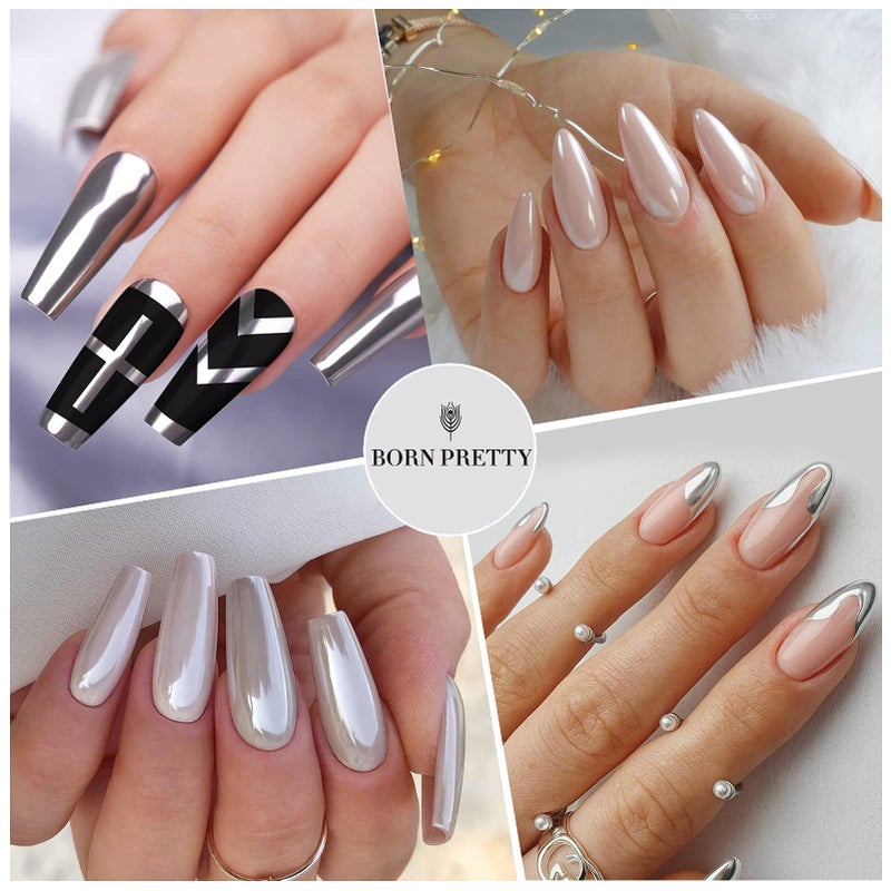Born Pretty بودرة أظافر كروم بورن بيوتي، مسحوق كروم هولوجرافيك معدني لؤلؤي أبيض، مجموعة أدوات تزيين الأظافر بريق اللؤلؤ - Image 4